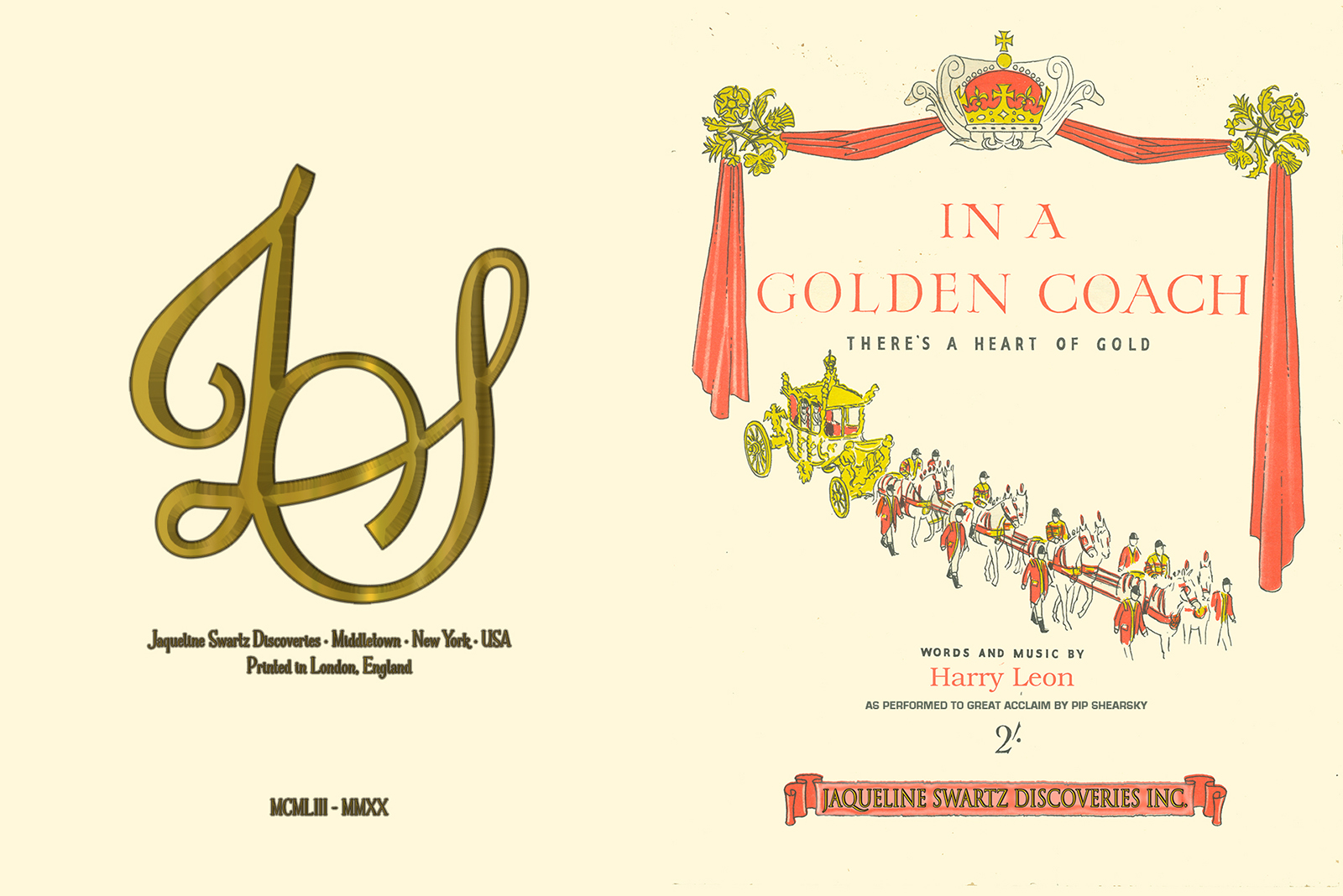 The front and back covers of a correctly attributed copy of the popular hit'In a Golden Coach'